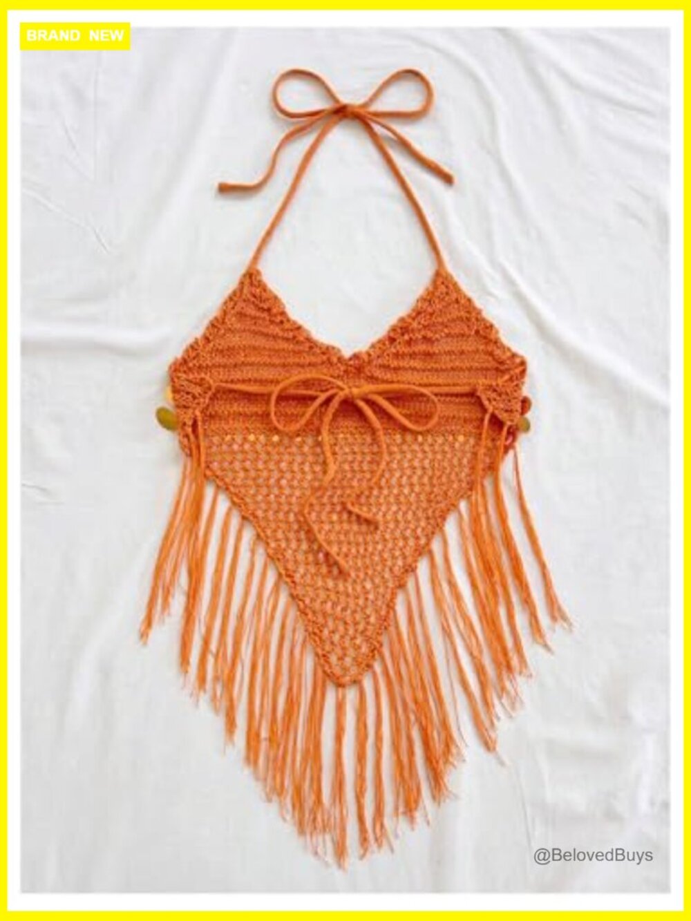 Sequin Hollow Out Crochet Crop Halter Top Boho Tie Backless Fringe - Picture 3 of 5